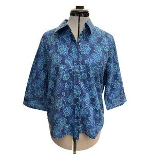 Vintage Blair Woman's 3/4 Cuff Sleeve Shirt Button Down Floral Blue Size MP